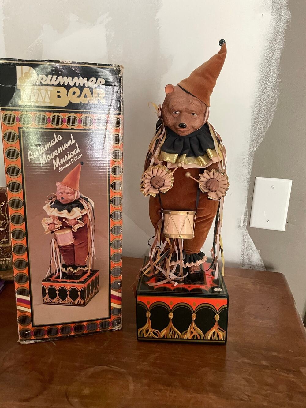 1985 Enesco Animatronic Dancing Drummer Bear by doll artist Mary Wick.”Memories”